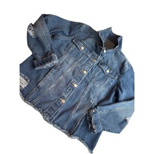 Upcycled Distressed Blue Jean Jacket - Mushrooms Women's LARGE